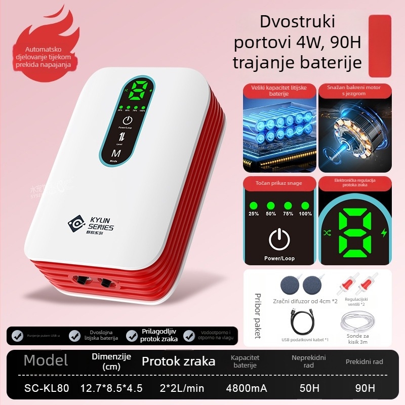 Pumpa za kisik u akvariju – prijenosna, punjiva, tiha, napajanje AC/DC