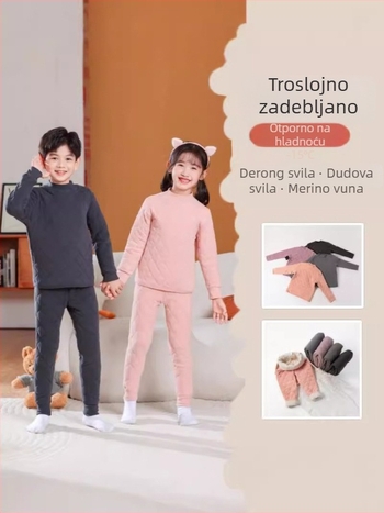Dječji zimski topli komplet s trostrukim debelim unutarnjim puloverom s patchom na trbuhu, okrugli izrez, bez kapuce, vuna 10%