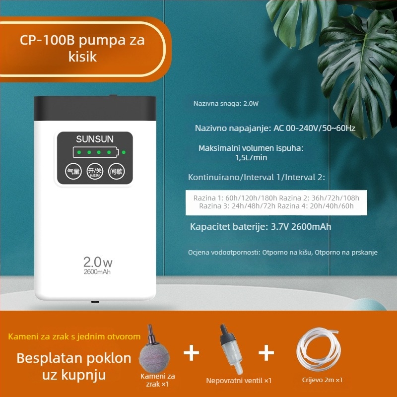 DC napajana pumpa zraka za akvarij CP serije, velika kapaciteta, podesivi protok zraka, težina 1 kg, buka 45 dB, marka Jialu