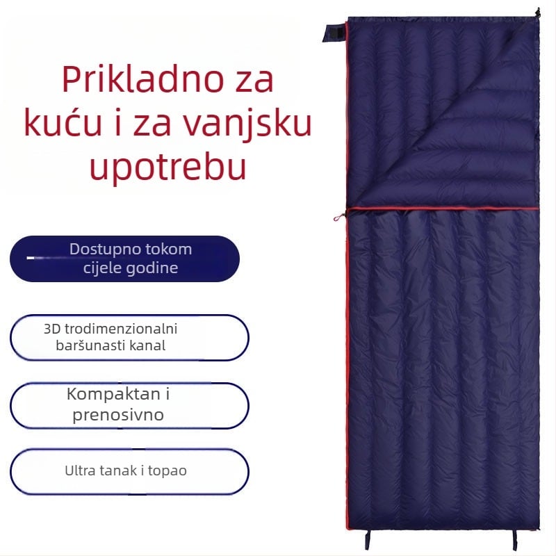 Spavaća vreća u obliku omotnice, s punilom od gusjeg perja, podstava od najlona 400T, vanjska tkanina od najlona 400T, težina 600 g, za odrasle, upotreba za sve sezone.