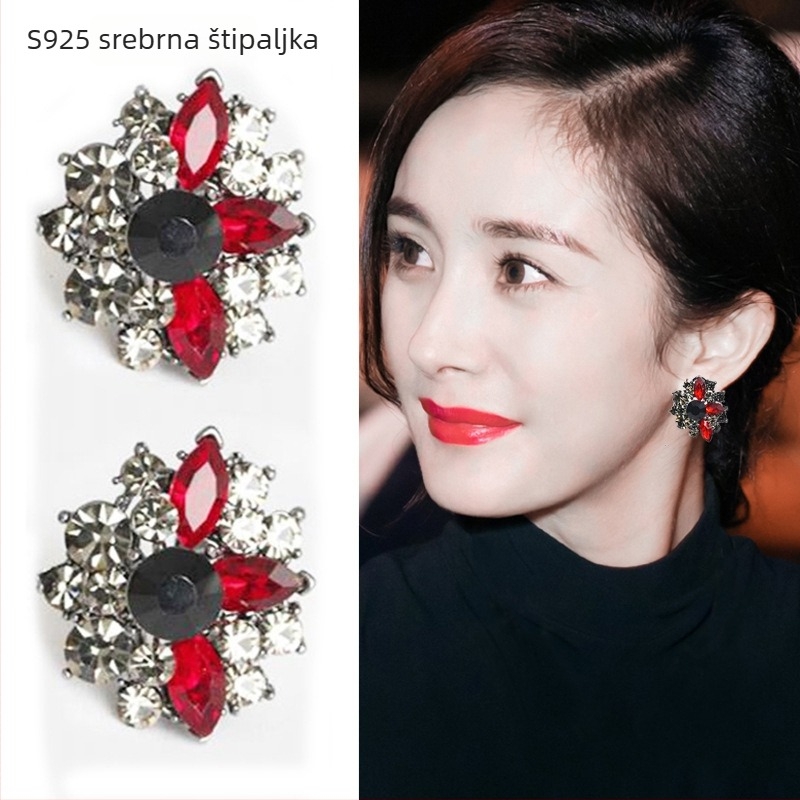Timmy Jewelry Floralne naušnice od legure, bakreni postovi, elektroplirano, kristalni detalj, za žene