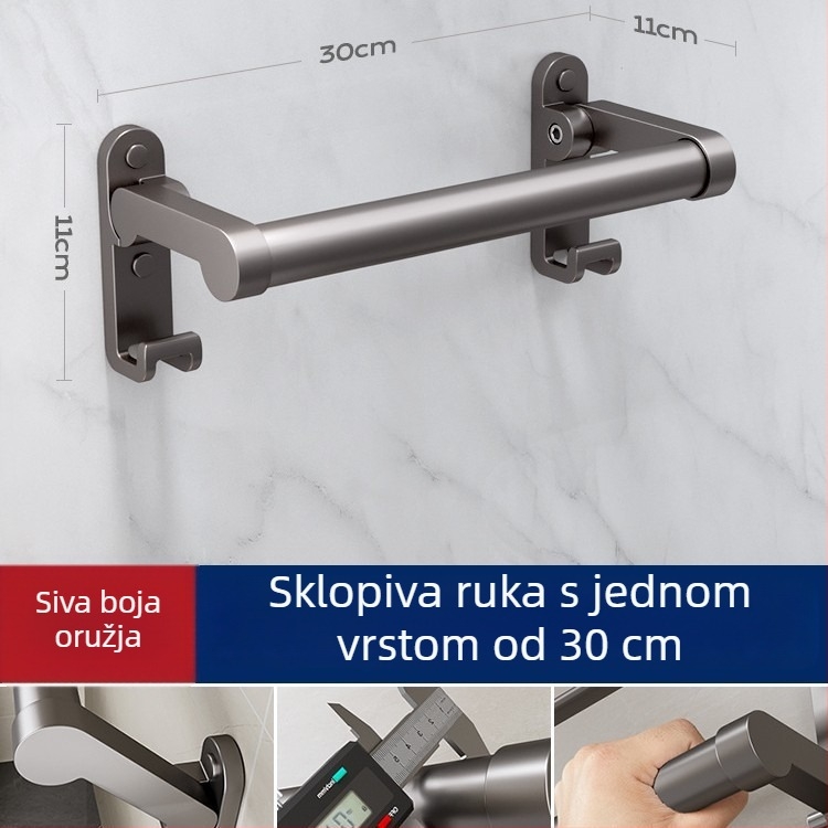 Zidni držač za ručnike, aluminijska legura, bez bušenja, sklopni, nosivost 30 kg, završna obrada: elektroplating, 1 sloj; za pohranu i vješanje ručnika