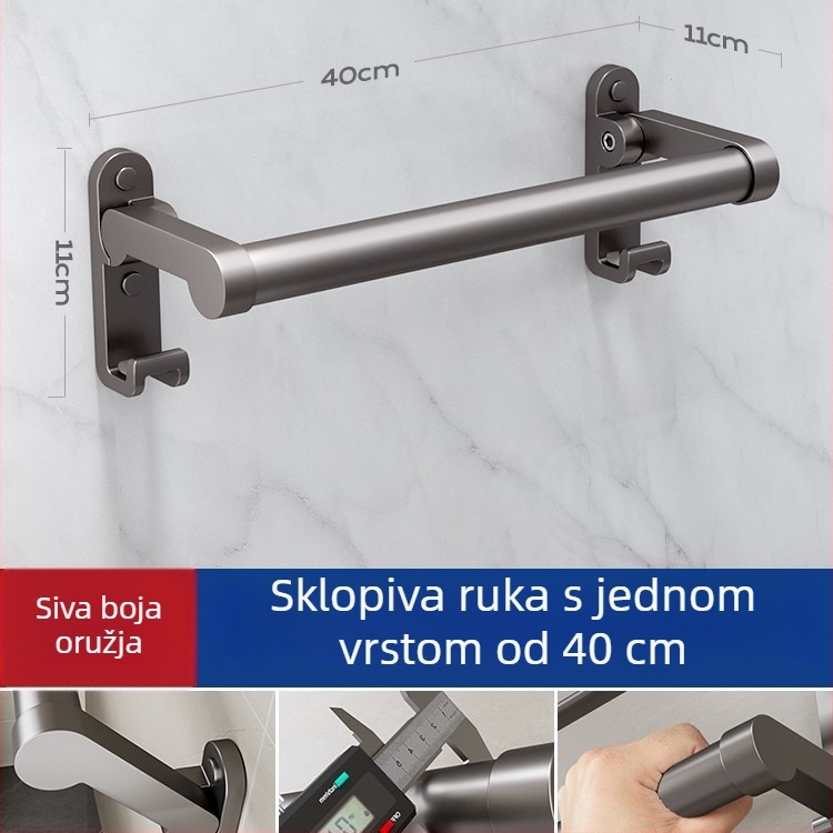 Zidni držač za ručnike, aluminijska legura, bez bušenja, sklopni, nosivost 30 kg, završna obrada: elektroplating, 1 sloj; za pohranu i vješanje ručnika