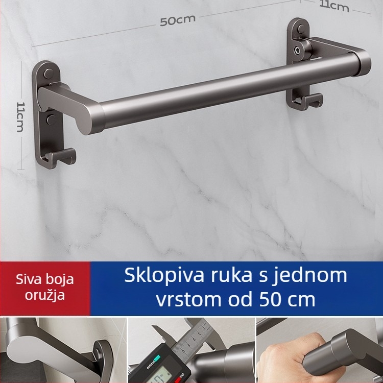 Zidni držač za ručnike, aluminijska legura, bez bušenja, sklopni, nosivost 30 kg, završna obrada: elektroplating, 1 sloj; za pohranu i vješanje ručnika
