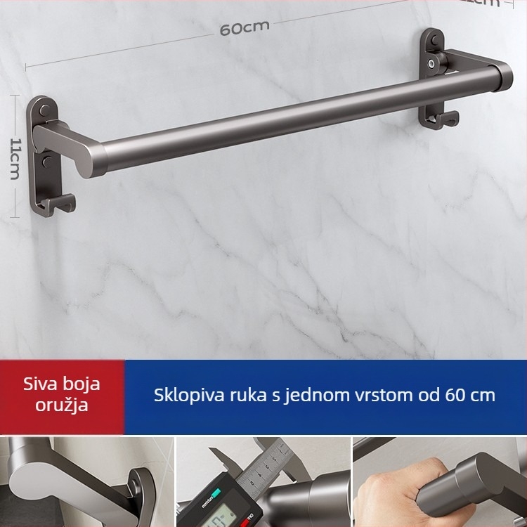 Zidni držač za ručnike, aluminijska legura, bez bušenja, sklopni, nosivost 30 kg, završna obrada: elektroplating, 1 sloj; za pohranu i vješanje ručnika