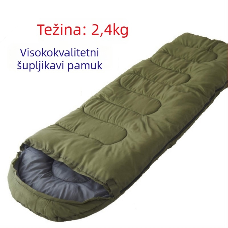 Vanjski debeli veliki spavaći vreća za odrasle, jesen-zima, 2.4 kg; punilo: hollow cotton; podstava: poliester; tkanina: poliester-saten; oblik: envelope