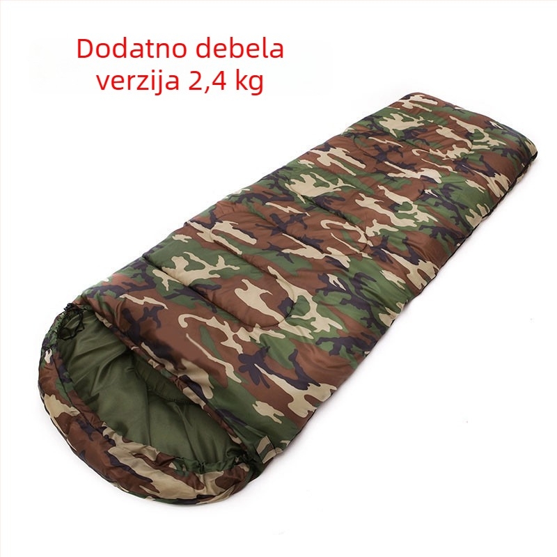 Vanjski debeli veliki spavaći vreća za odrasle, jesen-zima, 2.4 kg; punilo: hollow cotton; podstava: poliester; tkanina: poliester-saten; oblik: envelope