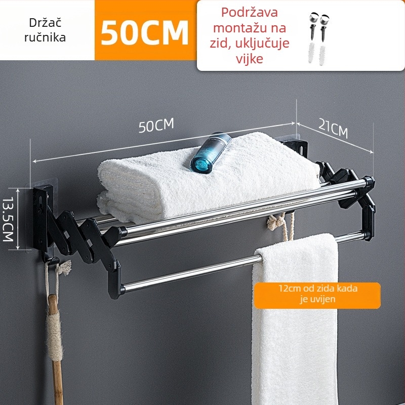 Nehrđajući čelični teleskopski držač za ručnike, nosivost 15 kg, površinska obrada svijetla, jedan sloj