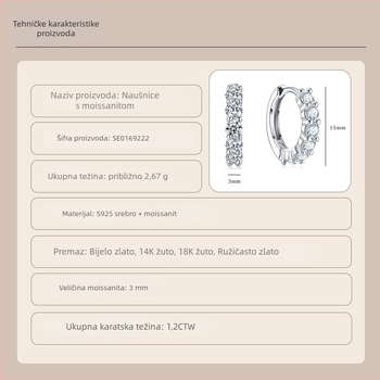 Moissanit naušnice od S925 srebra | luksuzan stil, hoop naušnice u Ins stilu, okrugli brilijantni rez, geometrijski oblik