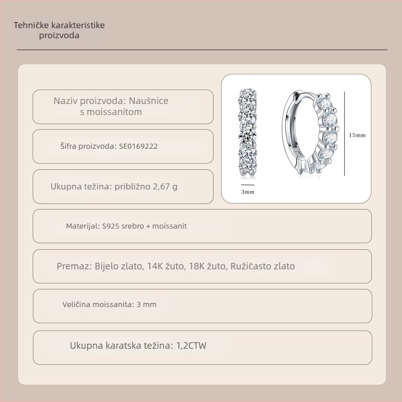 Moissanit naušnice od S925 srebra | luksuzan stil, hoop naušnice u Ins stilu, okrugli brilijantni rez, geometrijski oblik