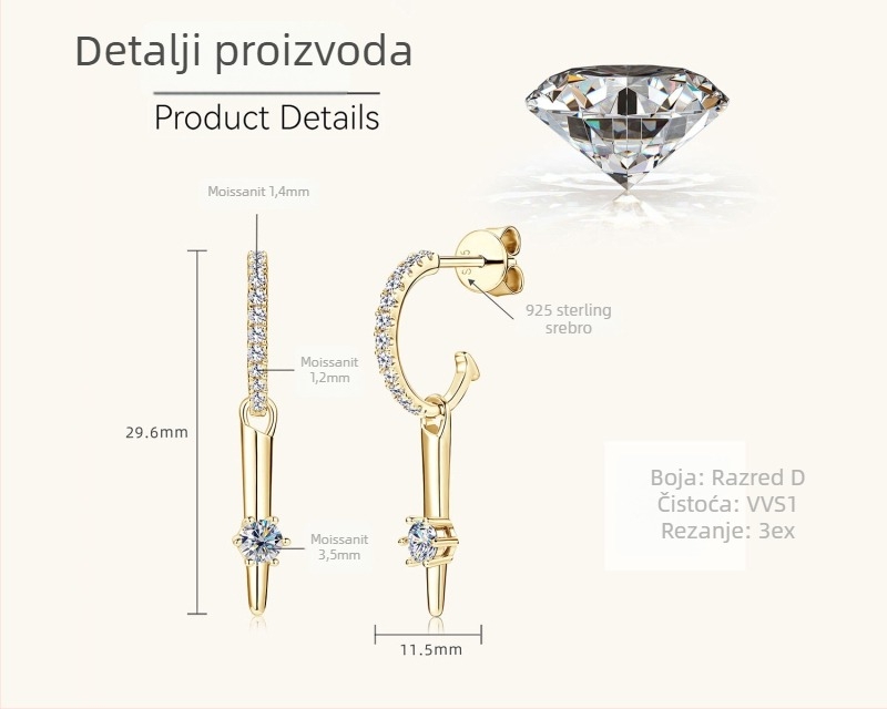 Ženske naušnice od moissanita, srebro 925, okruglog oblika, rez osam srca i osam strelica