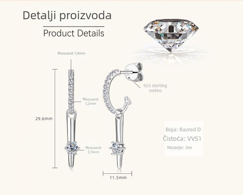 Ženske naušnice od moissanita, srebro 925, okruglog oblika, rez osam srca i osam strelica