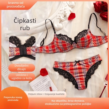 Seksi set grudnjaka s čipkastim rubom, retro karirani uzorak, donje rublje u francuskom stilu, dvodijelni set