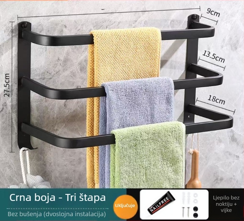 Držač za ručnike od nehrđajućeg čelika – zidni, bez bušenja, s jednoručnim i dvostrukim šipkama, 10 kg nosivost