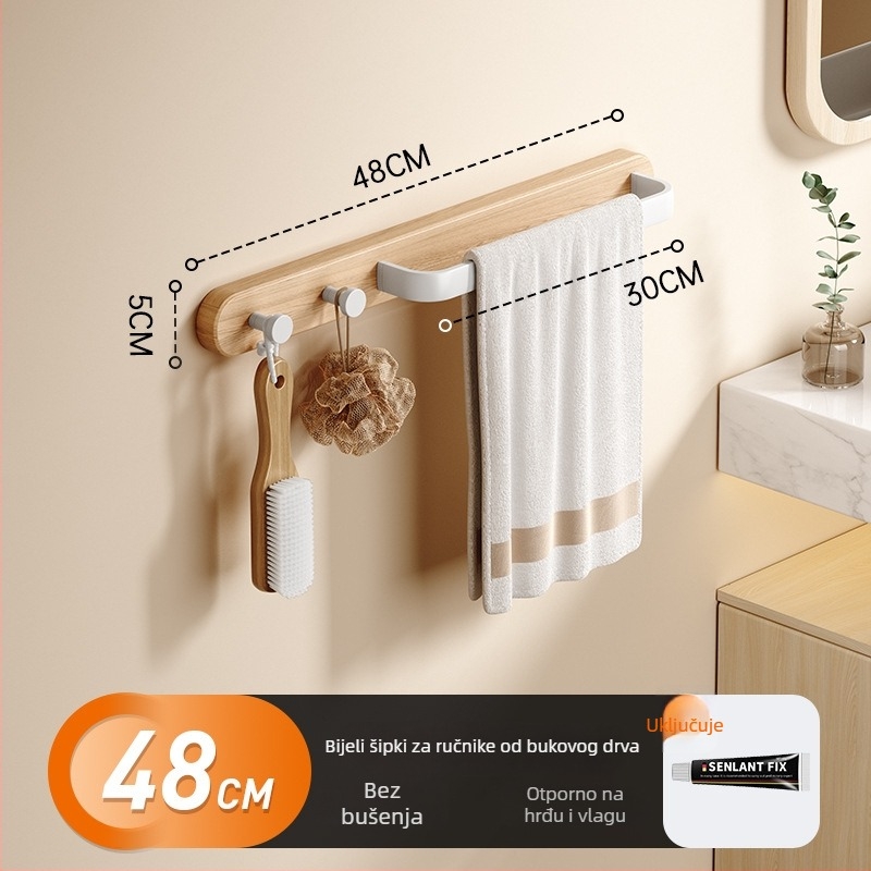 Držač ručnika bez bušenja za kupaonicu — materijal: buk / orah / Space aluminij; vodootporan, ventiliran, nosivost 20 kg
