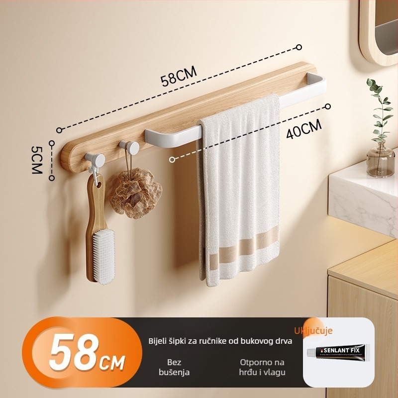 Držač ručnika bez bušenja za kupaonicu — materijal: buk / orah / Space aluminij; vodootporan, ventiliran, nosivost 20 kg