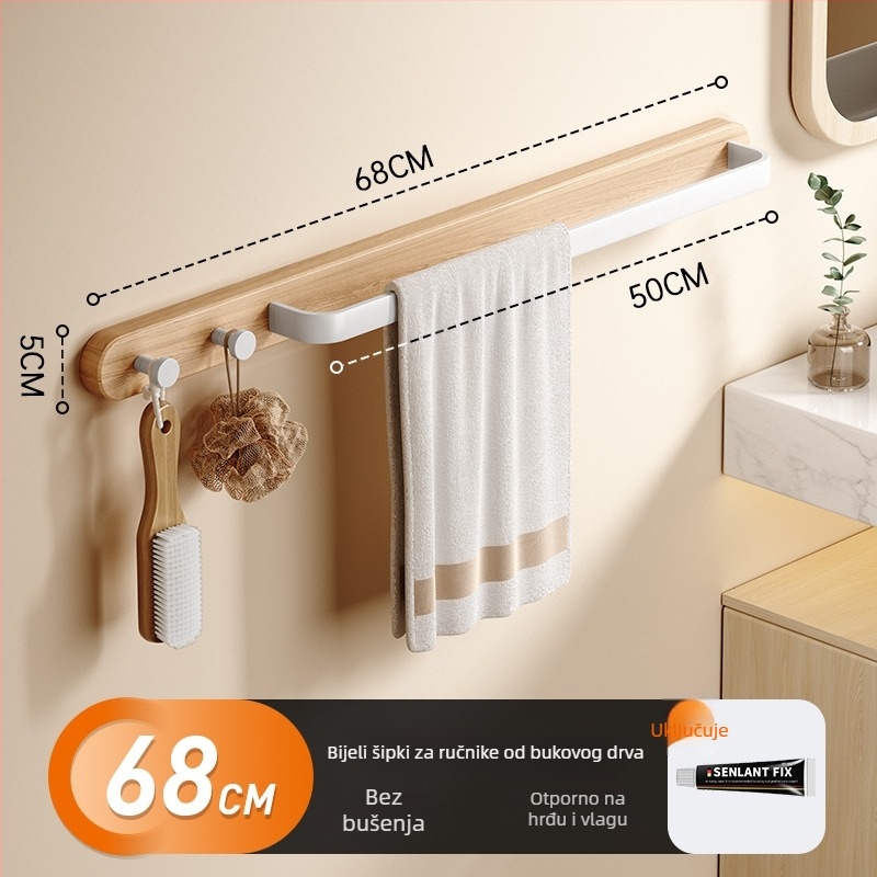 Držač ručnika bez bušenja za kupaonicu — materijal: buk / orah / Space aluminij; vodootporan, ventiliran, nosivost 20 kg