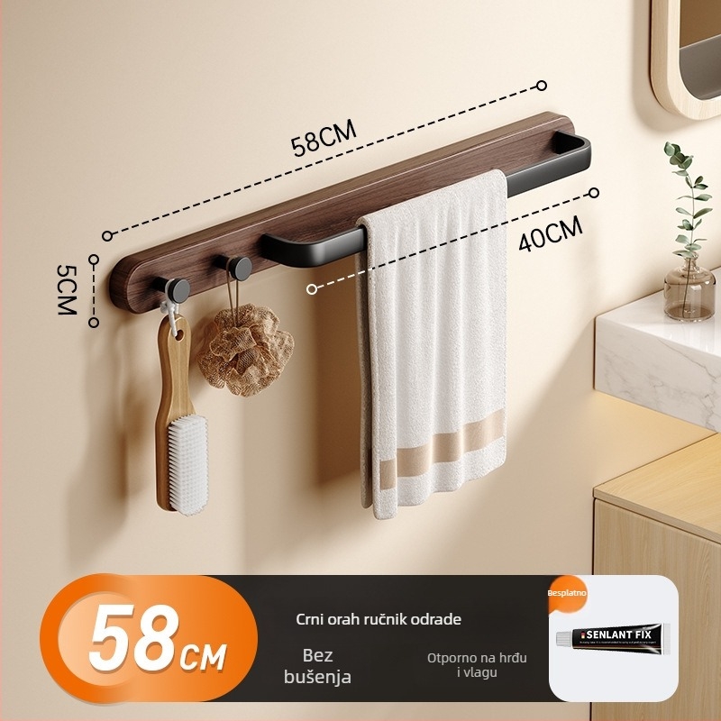 Držač ručnika bez bušenja za kupaonicu — materijal: buk / orah / Space aluminij; vodootporan, ventiliran, nosivost 20 kg