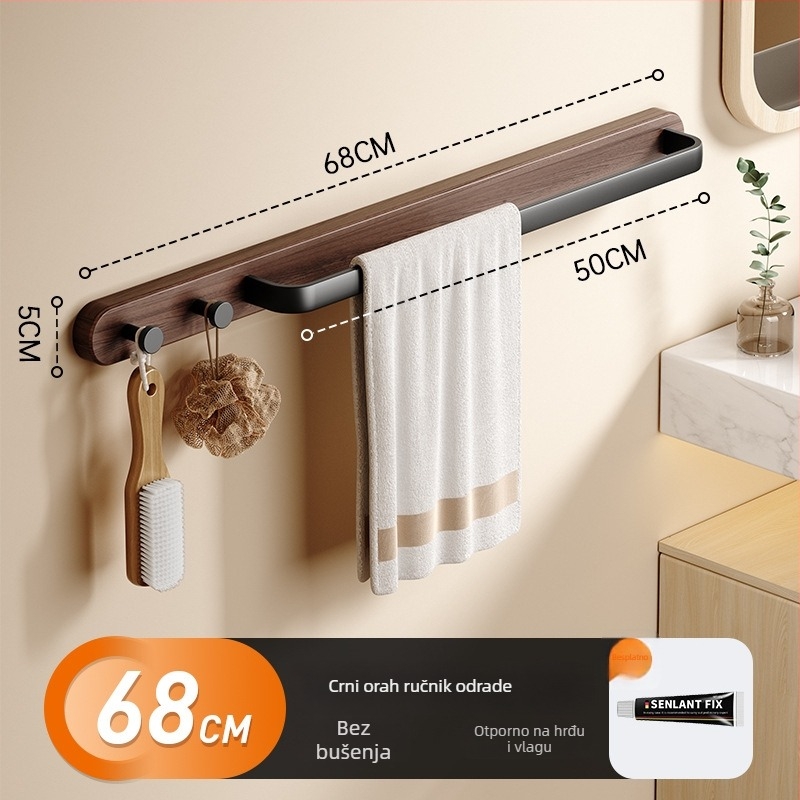 Držač ručnika bez bušenja za kupaonicu — materijal: buk / orah / Space aluminij; vodootporan, ventiliran, nosivost 20 kg