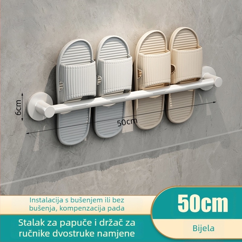 Držač papuča za kupaonicu bez bušenja, s odvodnim dijelom za papuče, držačem ručnika i skladišnim regalom — aluminijska legura, moderan dizajn