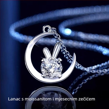 Náhrdelnik Moon Rabbit s Moissanitom, Srebro 925, Moissanitni uložak, Ženski modni nakit
