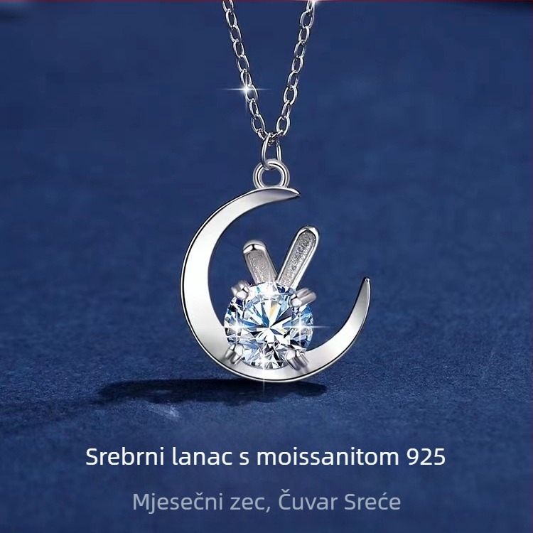 Náhrdelnik Moon Rabbit s Moissanitom, Srebro 925, Moissanitni uložak, Ženski modni nakit