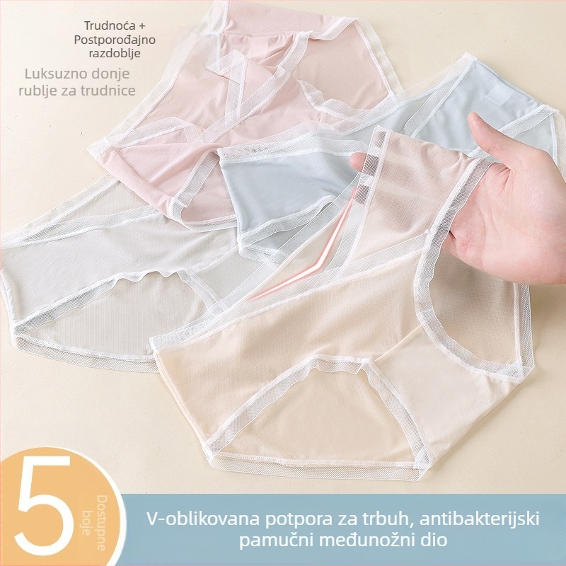 Trudničko donje rublje s V‑oblikom dizajna, pamukasta podstava u području prepona, niski struk, prozračno, podrška trbuha