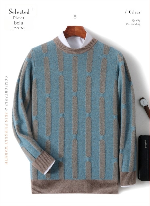 Muški vuneni pulover s okruglim izrezom i vertikalnim jacquard uzorkom, retro britanski stil, za svakodnevno nošenje u jesen i zimu