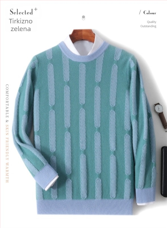 Muški vuneni pulover s okruglim izrezom i vertikalnim jacquard uzorkom, retro britanski stil, za svakodnevno nošenje u jesen i zimu