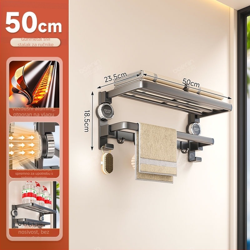 Space Aluminum Suction Cup držač ručnika - sklopni, bez bušenja, dvostruka kupaonica, CE certifikat