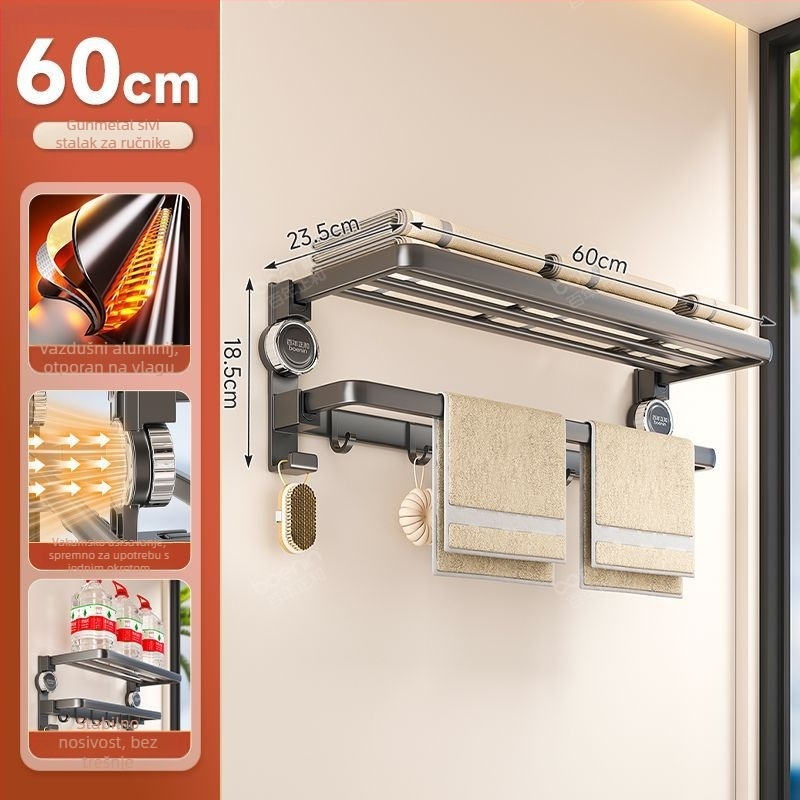 Space Aluminum Suction Cup držač ručnika - sklopni, bez bušenja, dvostruka kupaonica, CE certifikat