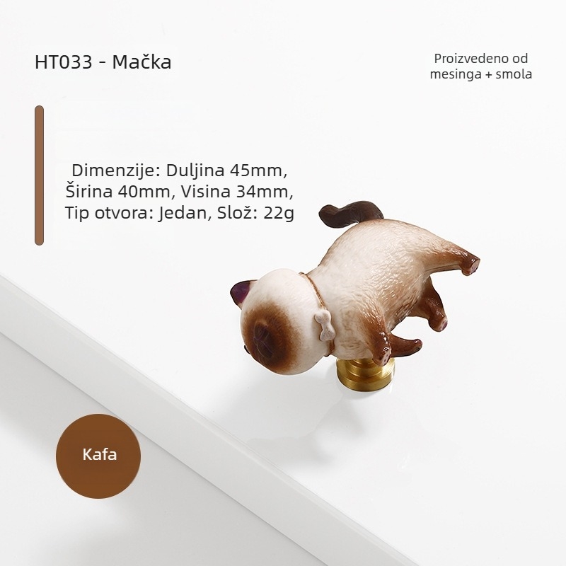 Kuka za vrata ormarića s karikaturalnom mačkom, nordijski stil, guma + bakar, model HT033-1136, za vrata i ormare