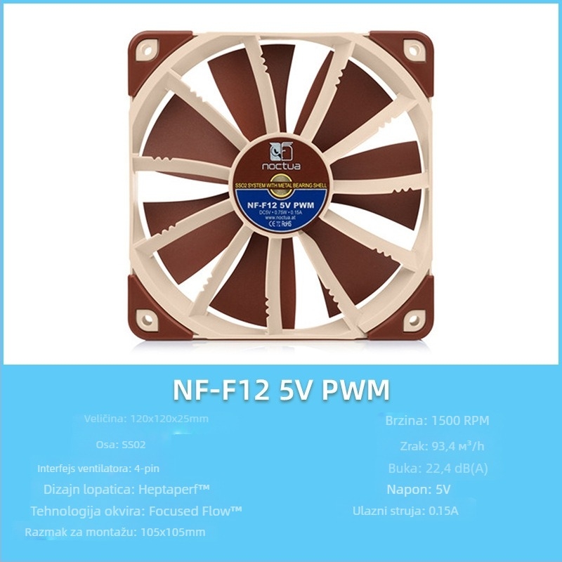 Owl F12/P12 serija PC kućište ventilator, PWM inteligentna kontrola temperature, 5V, 1500 RPM, ležaj SSO2