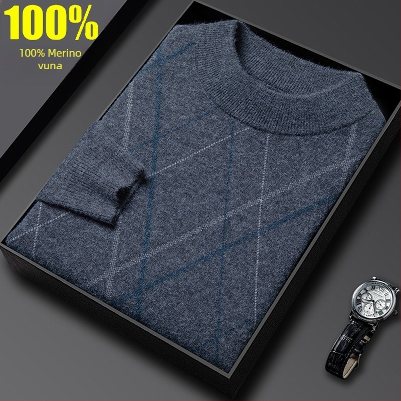 Muški pulover od 100% vune, polu-visoki ovratnik, debeli, dugi rukav, poslovno-ležerni stil