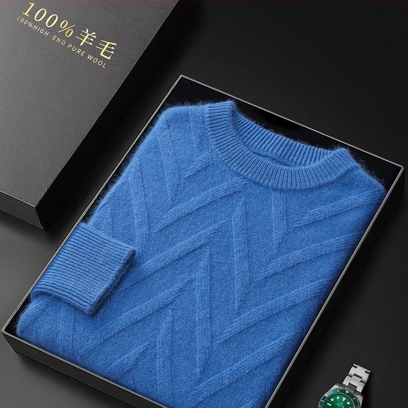 Muški debeli džemper od 100% vune s okruglim izrezom, jacquard pletena, dugi rukavi