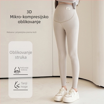 Trudničke bezšivne tajice s visokim strukom za podršku trbuhu – gusta tkanina, poliester 70–80% i spandeks do 30%, visoka elastičnost