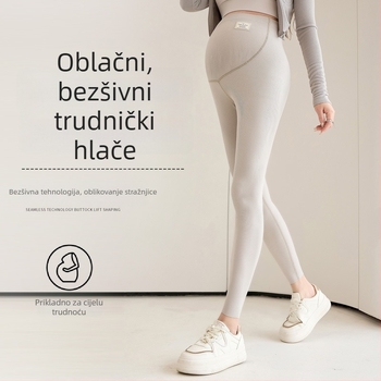 Trudničke bezšivne tajice s visokim strukom za podršku trbuhu – gusta tkanina, poliester 70–80% i spandeks do 30%, visoka elastičnost