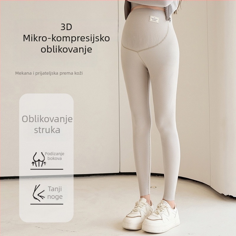 Trudničke bezšivne tajice s visokim strukom za podršku trbuhu – gusta tkanina, poliester 70–80% i spandeks do 30%, visoka elastičnost