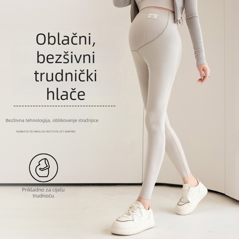 Trudničke bezšivne tajice s visokim strukom za podršku trbuhu – gusta tkanina, poliester 70–80% i spandeks do 30%, visoka elastičnost
