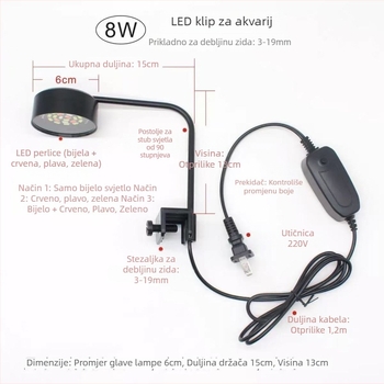LED klips svjetlo za akvarij, USB napajanje, svjetlo za vodene biljke, 8W, 170 g, podesiva jačina svjetla
