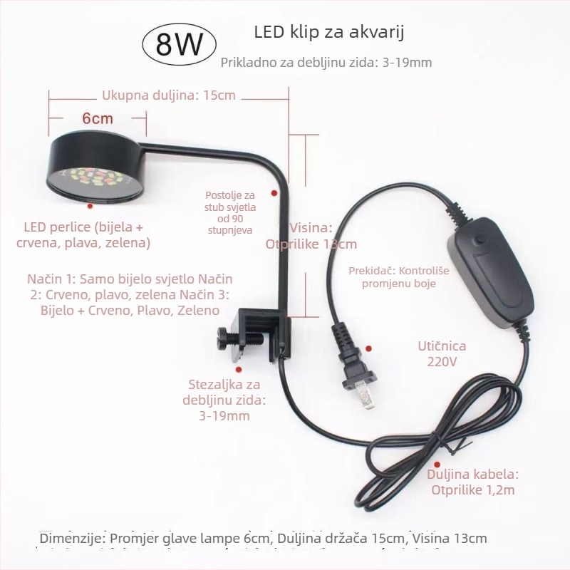 LED klips svjetlo za akvarij, USB napajanje, svjetlo za vodene biljke, 8W, 170 g, podesiva jačina svjetla