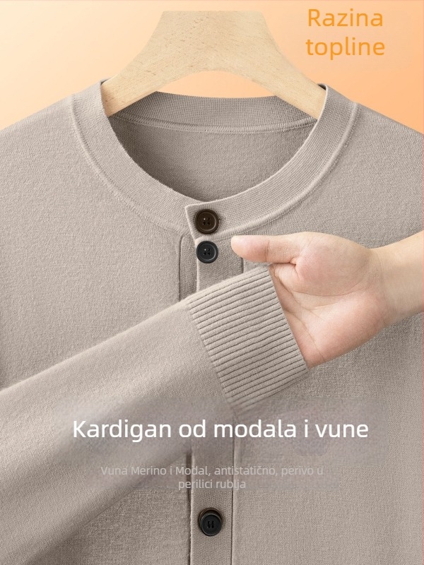 Muški kardigan od vune i modalne smjese, okrugli izrez, dugi rukavi, slobodan kroj