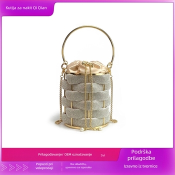 Ženska bucket torba od akrila, cilindrični oblik, zatvaranje šnurnom, unutarnji džepovi za telefon i ID, podstava od poliestera