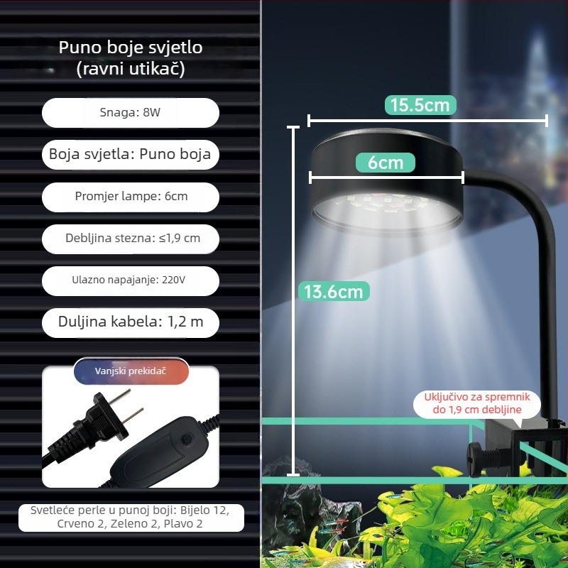 LED USB klips lampica za akvarij — stolna upotreba, ABS + metalni zavoj, 8W LED rasvjeta