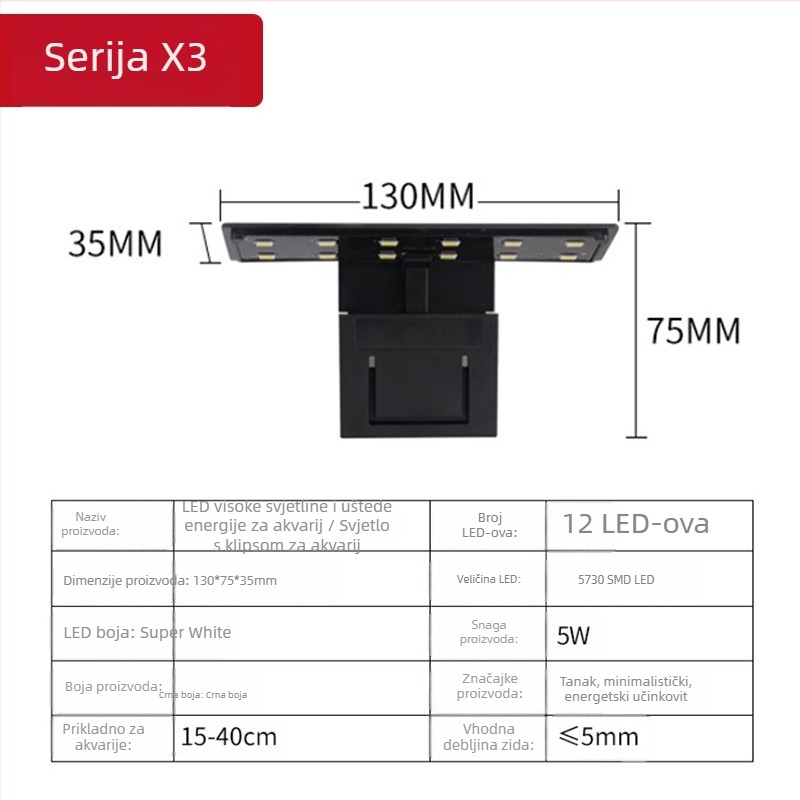 LED clip svjetlo za akvarij za uzgoj vodnih biljaka – 5W, plastično kućište, model X3