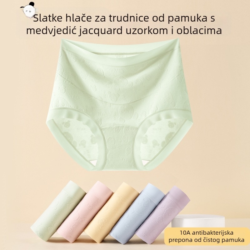 Trudničko donje rublje visokog pojasa, prozračne i antibakterijske, 95–100% pamuk, podstava u preponama od pamuka, za sve faze trudnoće