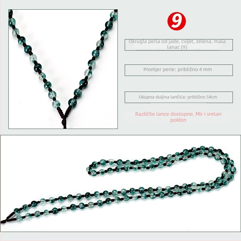 Ogrlica od nefritnih perlica — ručno tkan lanac, 800 srebrna čistoća, mogućnost prilagodbe