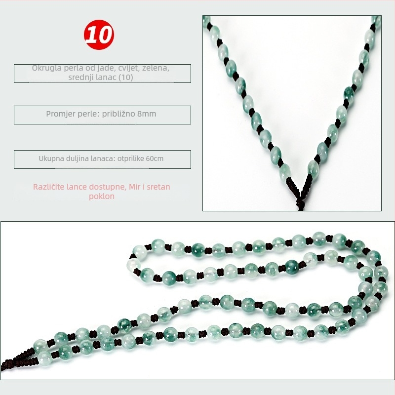 Ogrlica od nefritnih perlica — ručno tkan lanac, 800 srebrna čistoća, mogućnost prilagodbe