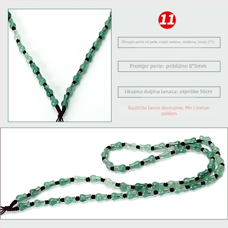 Ogrlica od nefritnih perlica — ručno tkan lanac, 800 srebrna čistoća, mogućnost prilagodbe