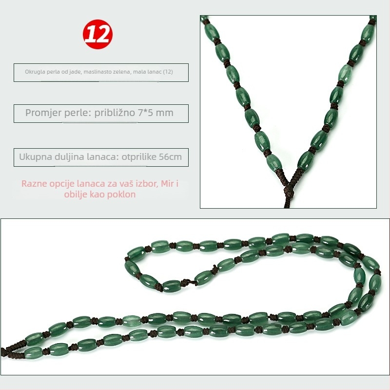 Ogrlica od nefritnih perlica — ručno tkan lanac, 800 srebrna čistoća, mogućnost prilagodbe